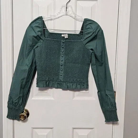 American Eagle Green Smocked Square Neck Crop Blouse Long Sleeve Women's Small - Picture 8 of 9